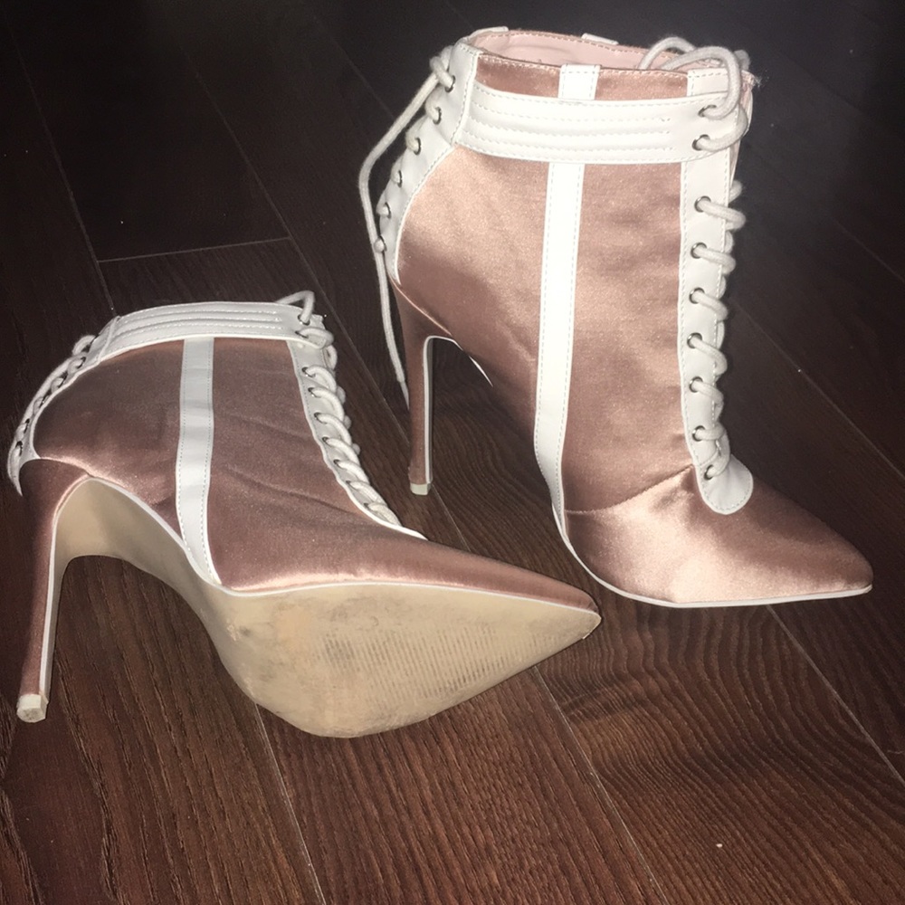 Shoe Dazzle Satin Lace-Up Heeled Boots - Pink and White